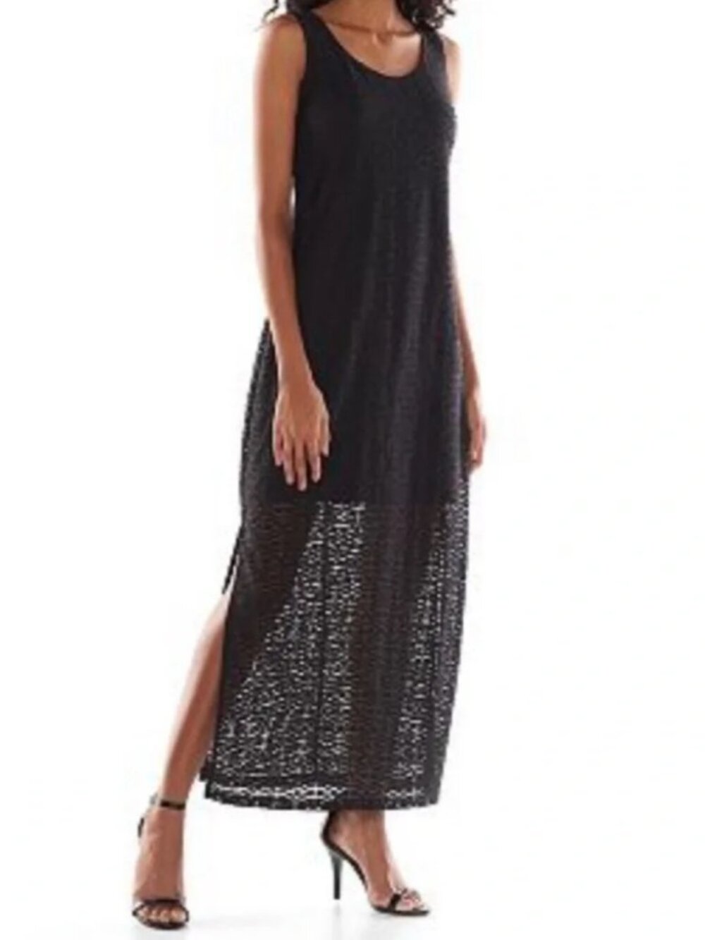 APT. 9 Black Maxi Scoop Neck Dress Lace Overlay Sleeveless Side Slits